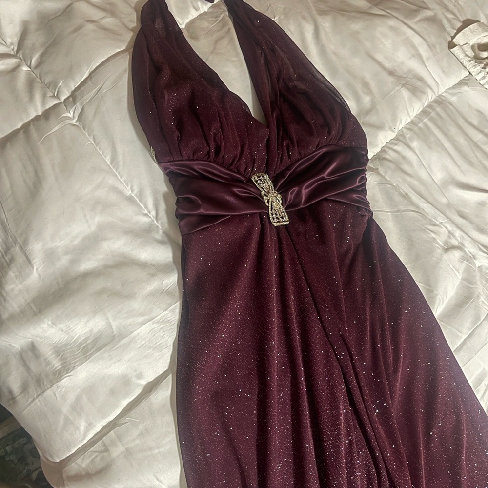 Deep Purple Maroon Maxi Dress with Sparkling Accent halter top flexible sleeves